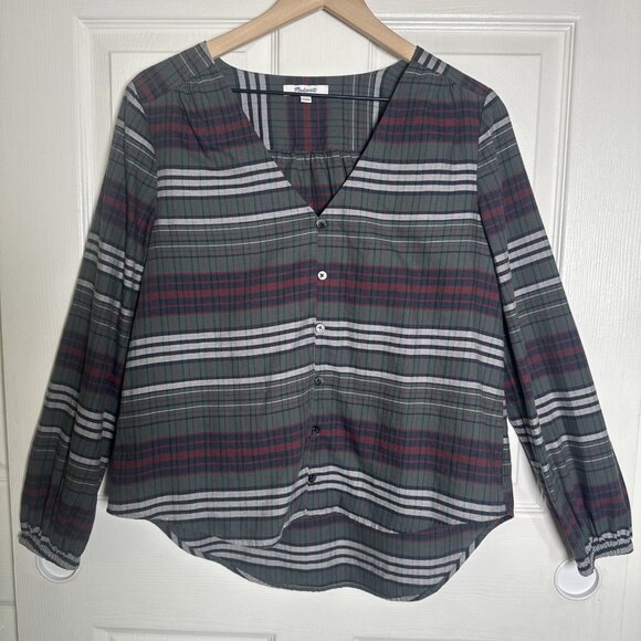 Madewell Medium V-Neck Button-Down Shirt Pineview Plaid 100% Cotton Flannel Fall - Picture 3 of 10
